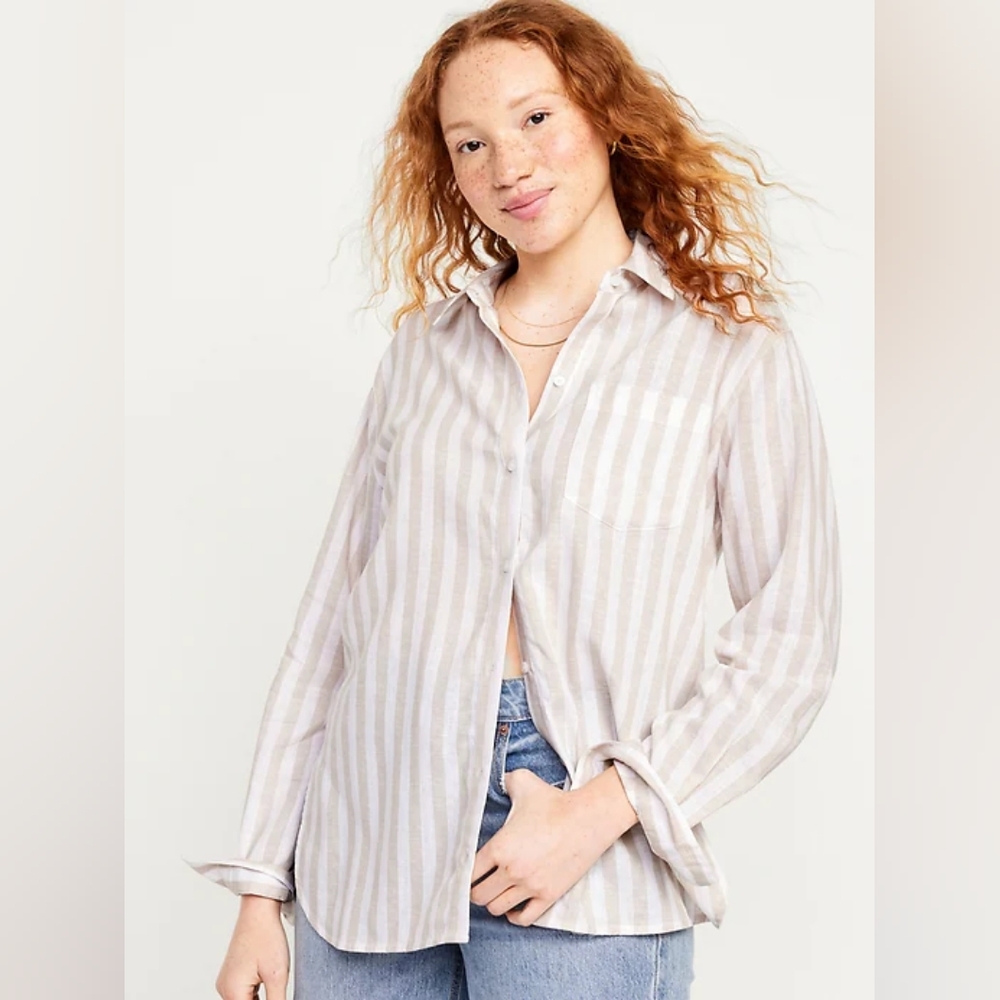 NWT - Linen Blend Old Navy Natural Striped Button-Up Shirt - Size Tall XL